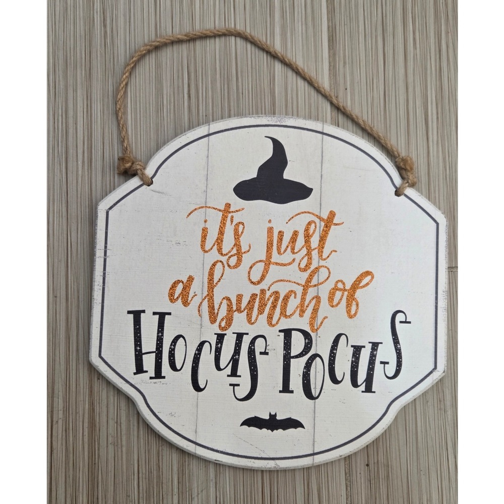 Halloween Hocus Pocus Wood Sign Wall Decor Orange Glitter